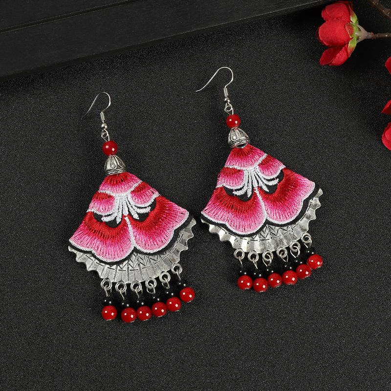 A few embroidered fabric earrings, long tassel personalized fan earrings, women's retro Miao flower earrings