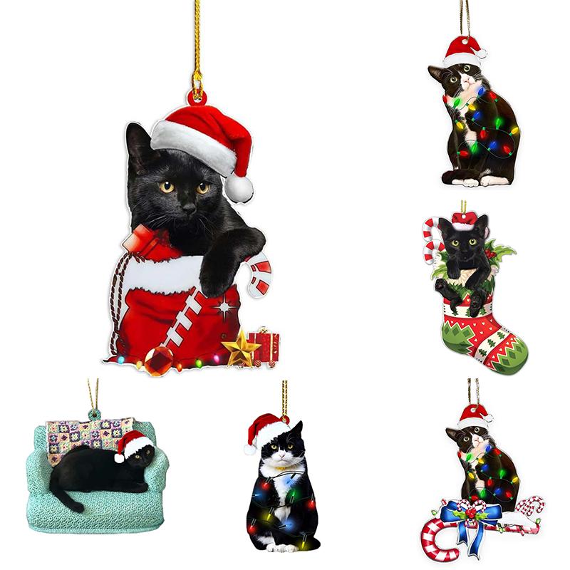 Śmieszne ozdoby czarnego kota, 3,15 cala wysokości słodki kot świąteczne dekoracje, ozdoby świąteczne, wiszące choinki, ozdoby na wierzch drzewa