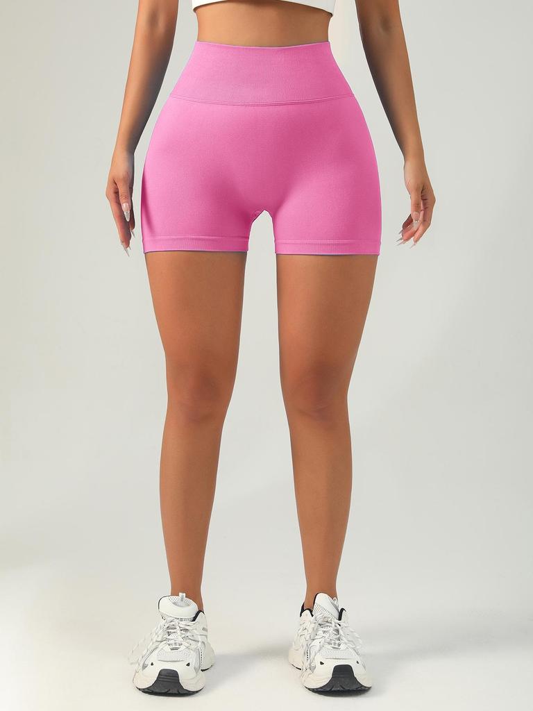 Women's Embroidered Letter Knitted Yoga Shorts with Tummy Control, Solid Color, Breathable Fabric, and Spliced Waist Design.