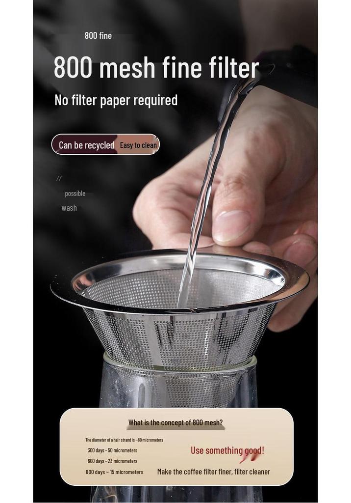 Dual-Layer 304 Stainless Steel Coffee Filter, Available in 300/600/800 Mesh, No Paper Needed for Hand Drip Brewing.