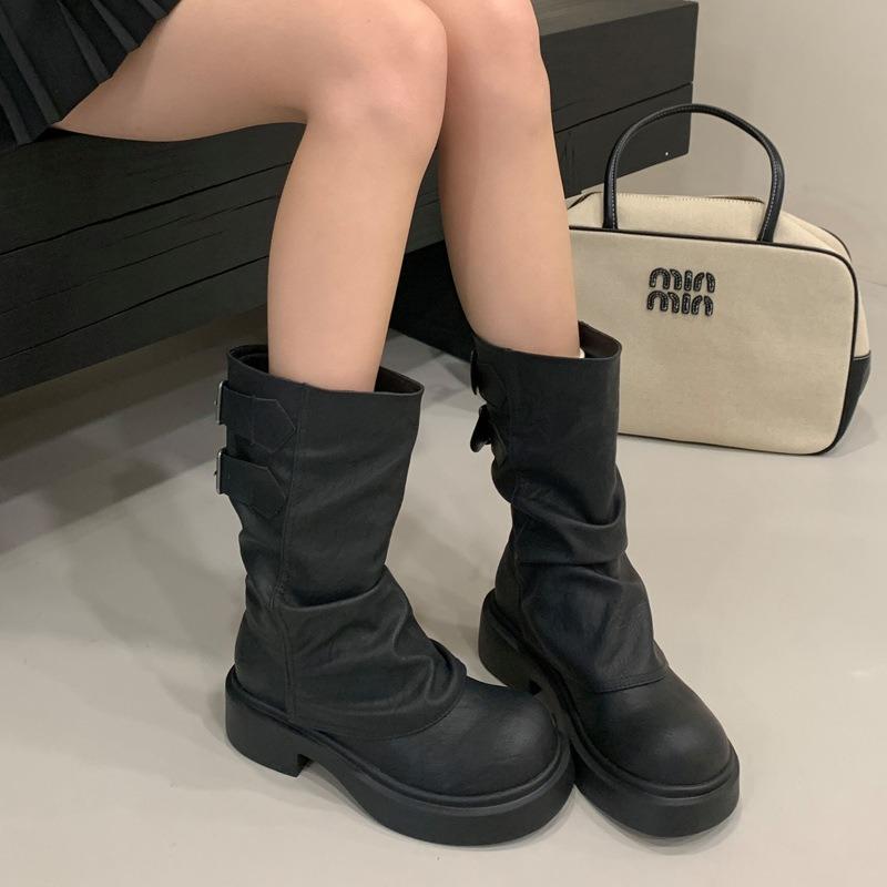 

Brown Boots Martin Boots Women s Autumn and Winter Round Head Wrinkled Versatile Pile Platform Boots Vintage Medium Leather Boots 40 верблюд