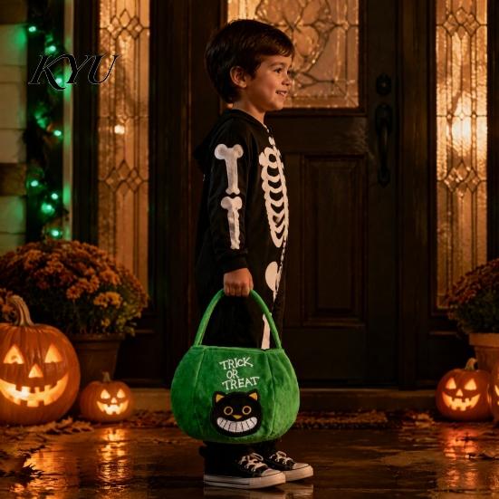 Reusable Trick or Treat Bag Halloween Pumpkin Candy Bag, Cartoon Velvet Plush Tote for Cute Holiday Gift Bags Kids, Handbag, Party Favor Decor