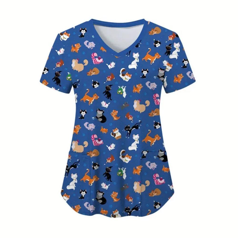 Scrub Medical Woman Cute Animal Cartoon Pattern Microelastic V-Neck Vet Spa Nursing Short Sleeves Tops Women's Medical Uniforms