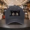 Black Cat Peeking Baseball Cap Cute Animal Print Adjustable Washed Denim Hat Casual