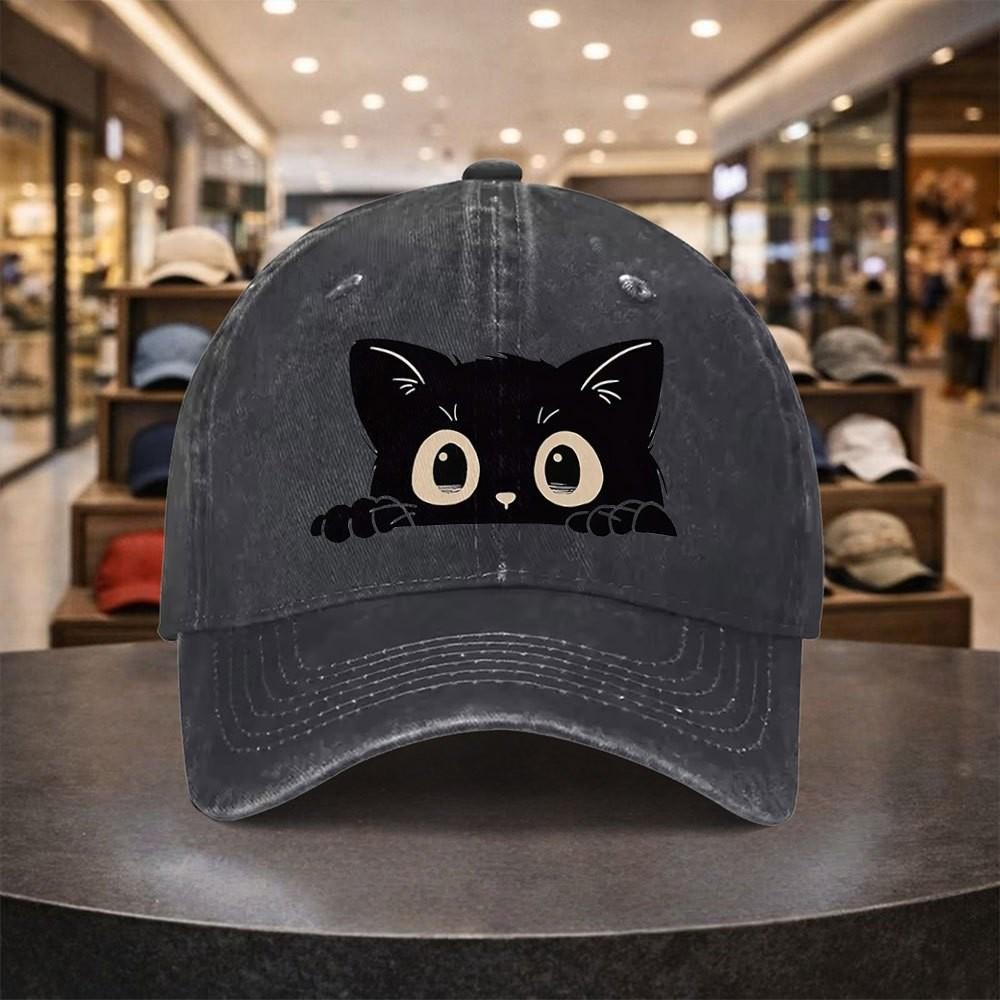 Black Cat Peeking Baseball Cap Cute Animal Print Adjustable Washed Denim Hat Casual
