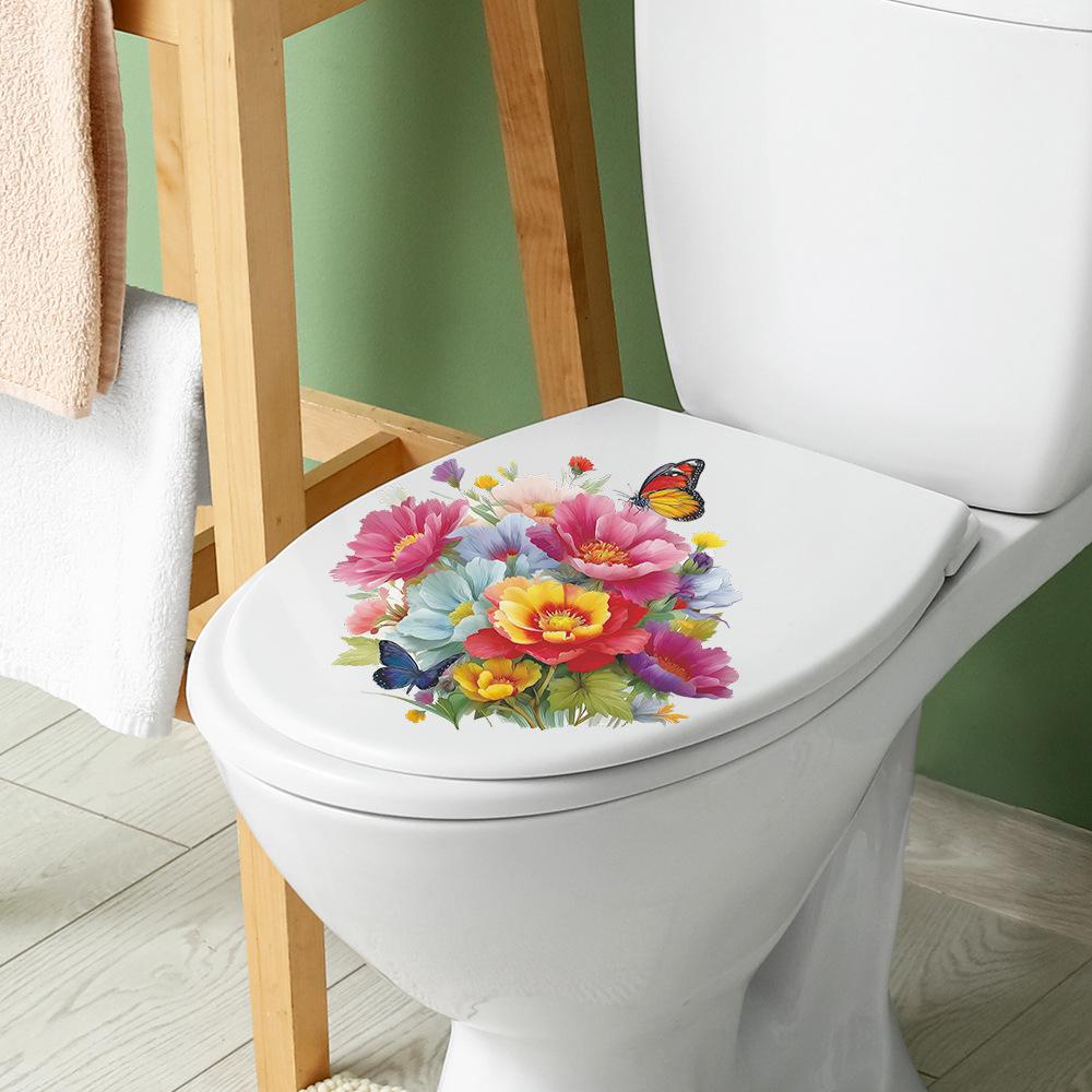 Painted Blooming Flowers and Butterflies On The Wall Decoration Stickers of The Bathroom Toilet