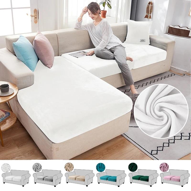 White Velvet Sofa Seat Cushion Cover Elastic for Living Room Corner Couch Cover Stretch Sofas Case Seat Slipcover 1/2/3/4 Seater