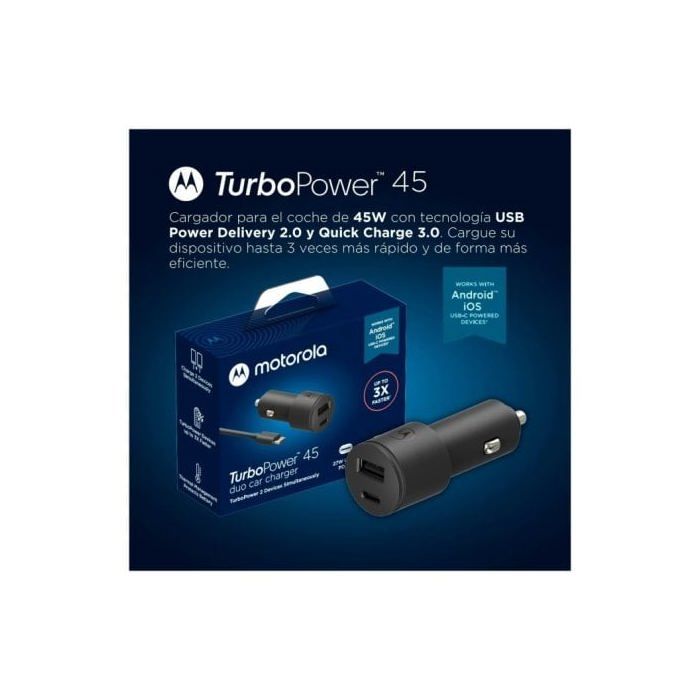 Motorola SJV102-EU svart billader med USB-A- og USB-C-porter, lader med 45 W hurtiglading, inkluderer USB-C-kabel