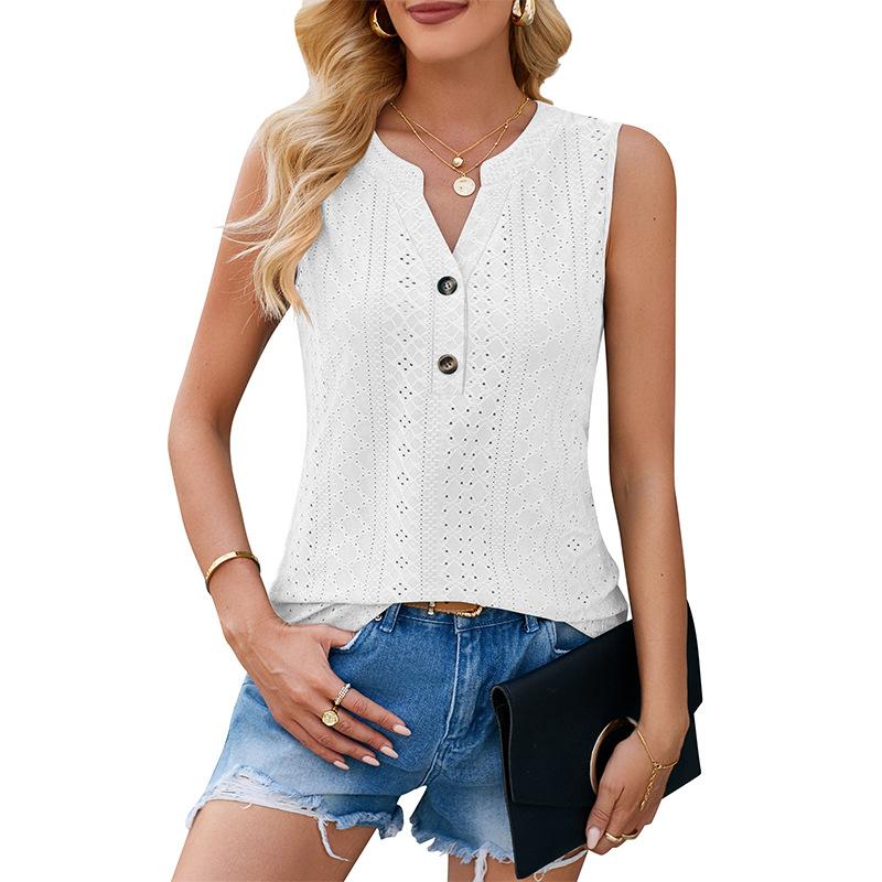 Modă de vară Topuri de damă cu nasturi, decolteu adânc în V, decupaje, fără mâneci, culoare uni, boem, larg, vestă, cămașă