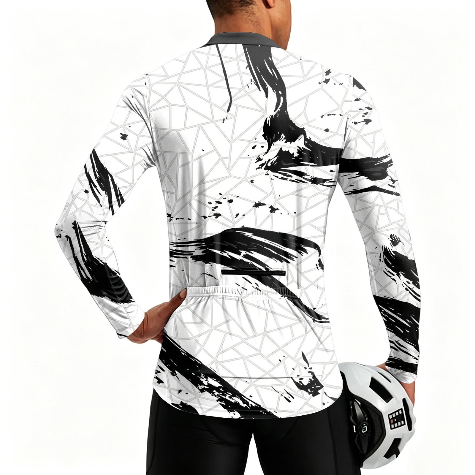 Men’s Crew Neck Printed Zip Breathable Quick Dry Long Sleeve Cycling Jersey for Outdoor Sports Activities S чёрный