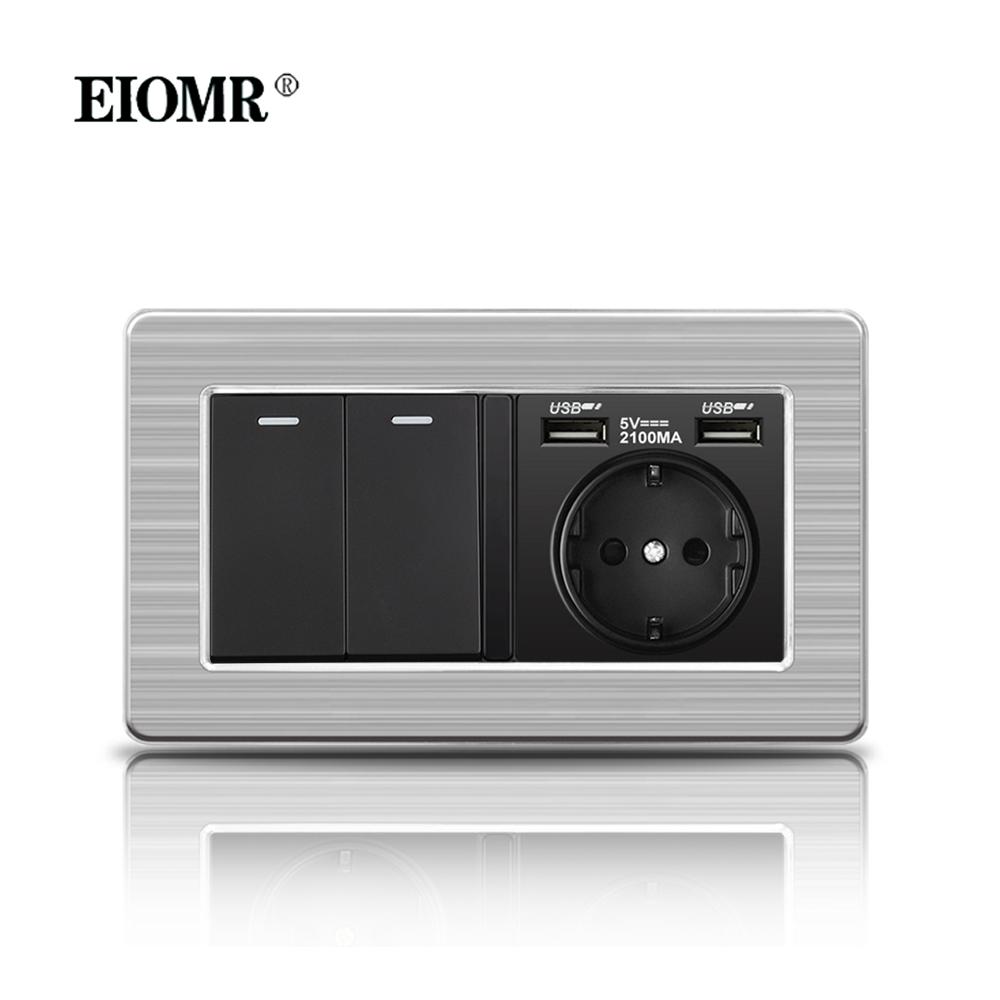 EIOMR 16A Black EU Standard Wall Sockets and Switches Stainless Steel Panel with Children Protective Door with USB Power Outlet