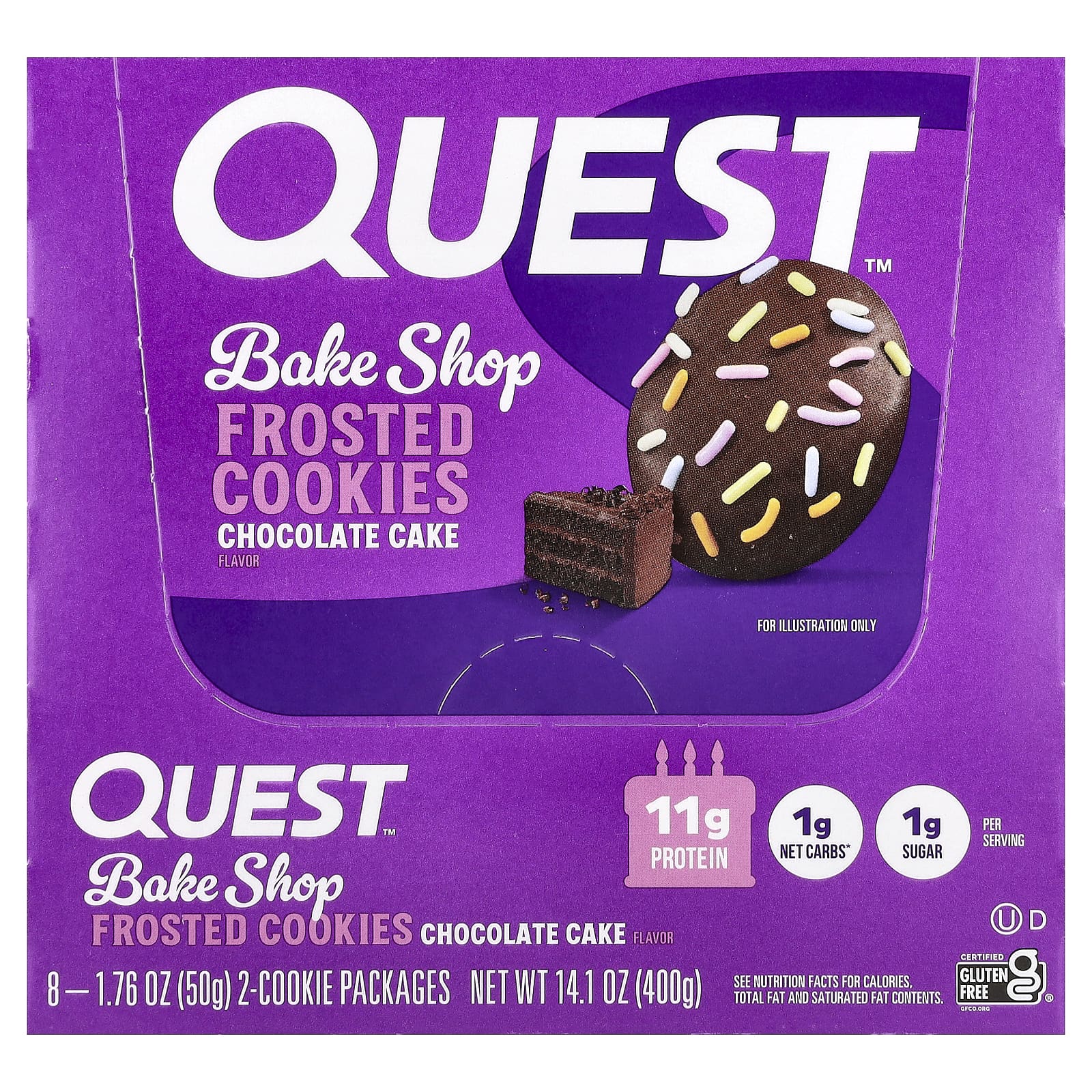 

Quest Nutrition, Bake Shop Frosted Cookies, Chocolate Cake, 8 Packs, 50g (1.76oz) Each