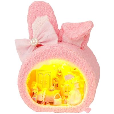 Moin Moin Dollhouse Miniature Handmade Kit Set Fluffy Animal Face House Pink Rabbit Ribbon Beginner Palm Size Make Interior White Dress LED Light