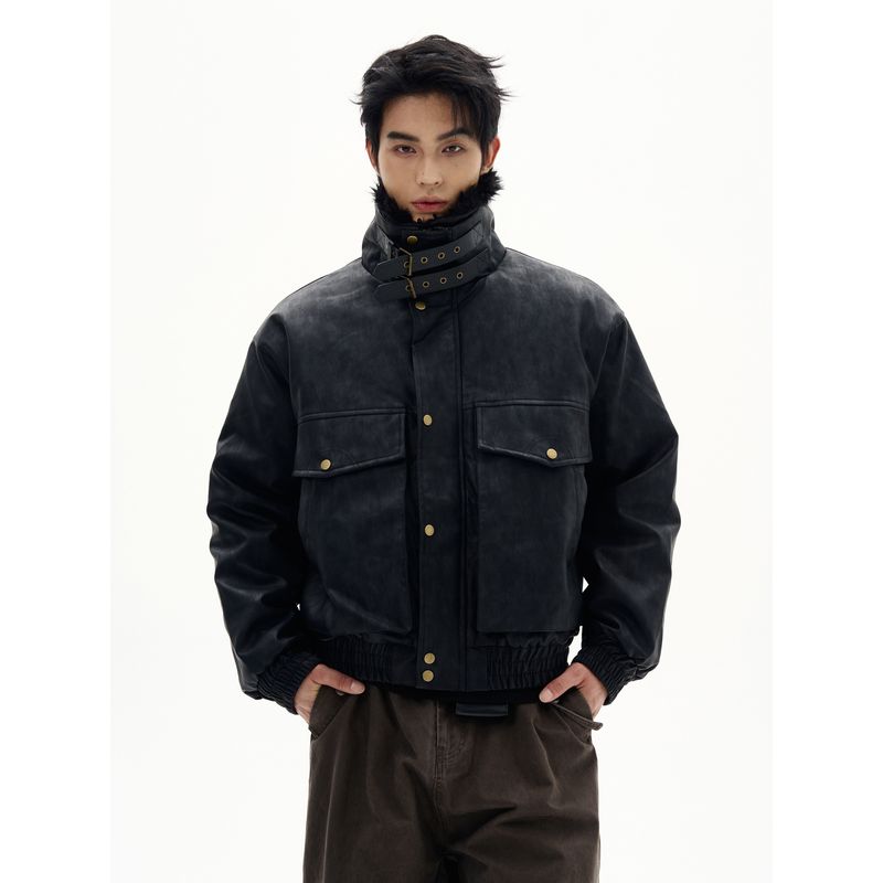 Kisko Winter American-Style Thickened Stand-Up Collar Leather Buckle Suede Jacket for Men and Women, Trendy Brand Design, Warm Cotton Coat