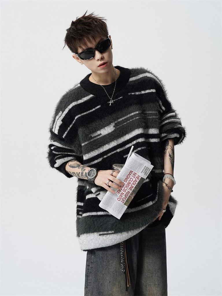 Unisex Mohair Round Neck Color Block Stripe Sweater - Autumn/Winter Casual Loose Fit