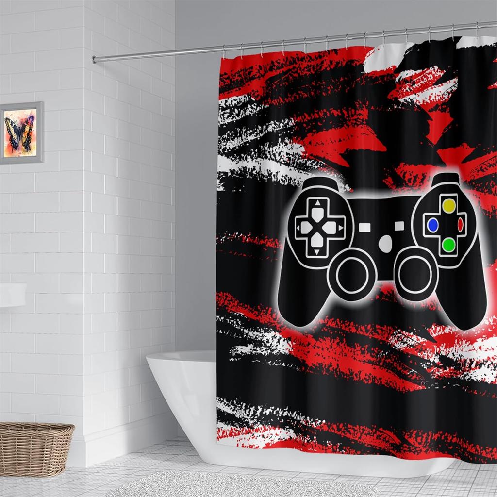 Boy Room Video Gamepad Printed Shower Curtain, Toilet Bathroom Bathtub Decorative Shower Curtain With 12 Hooks