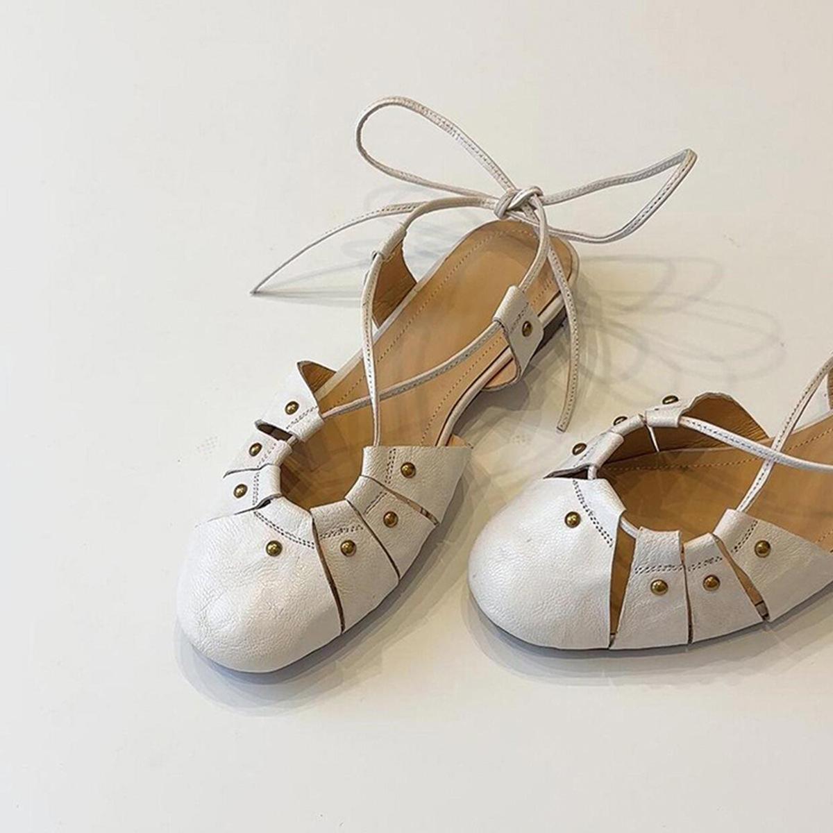 

Cowhide version~ retro rivet bag head low heel bag head sandals women s summer new hollow straps simple shoes 40