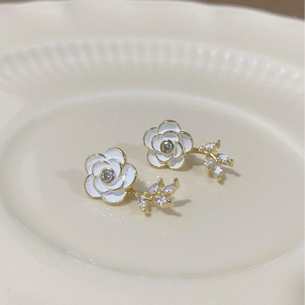 French White Camellia Zircon Stud Earrings: Luxurious, Unique, Exquisite High-End Ear Ornaments