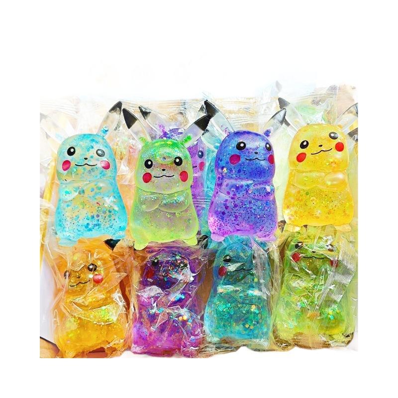 12Pcs/Full Case Tpr Maltose-Filled Glitter Pikachu Squishy Toy, Slow Rising Stress Relief Decompression Fidget Blind Box
