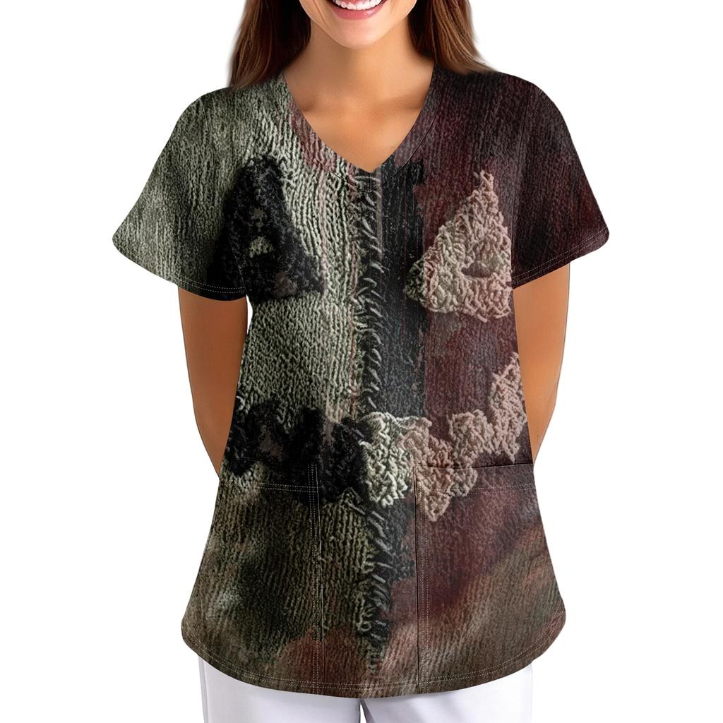 Loose Fit V Neck Short Sleeve Halloween Print Medical Scrub Top with Pockets for Women Comfortable Workwear