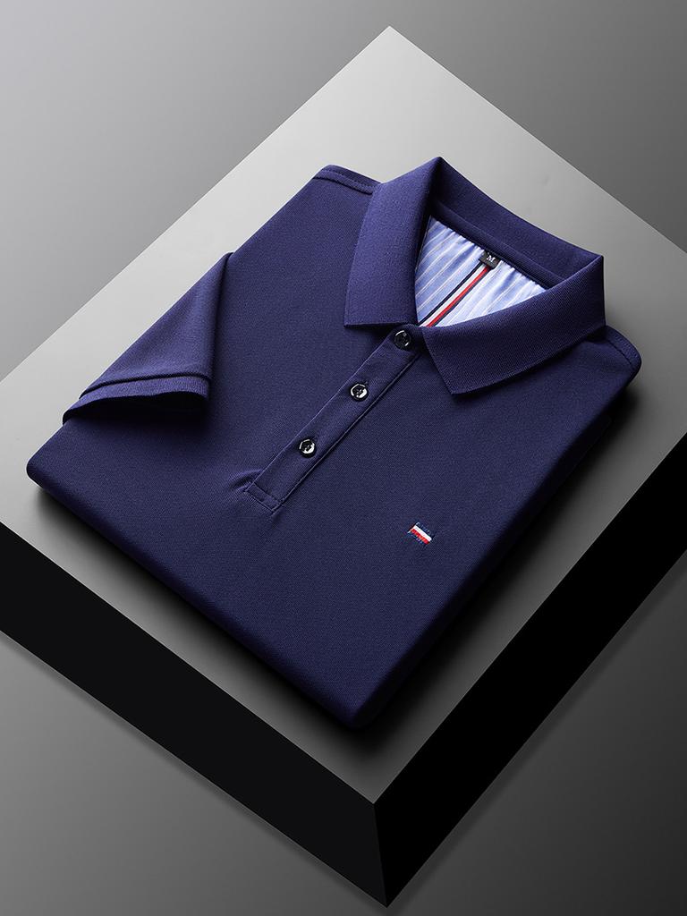 Polo à Manches Courtes pour Homme Couleur Unie Revers Tempérament Respirant Business Décontracté T-Shirt Bleu