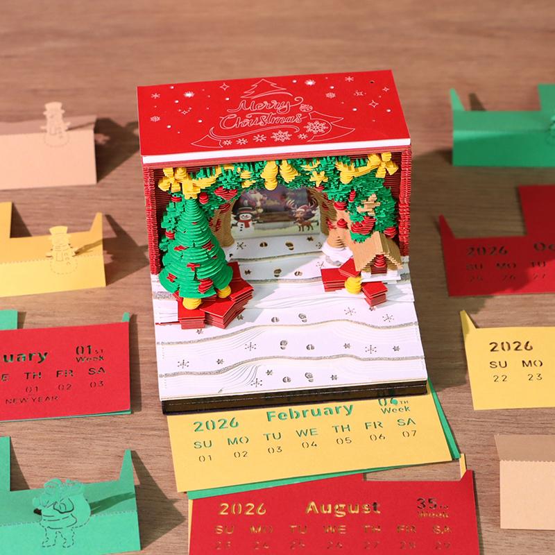 Time Piece Calendar 2026 Desk Calendar With Led Light 3D Tear-Away Calendar Paper Carving Art Memo Pad Notepad Gift Christmas
