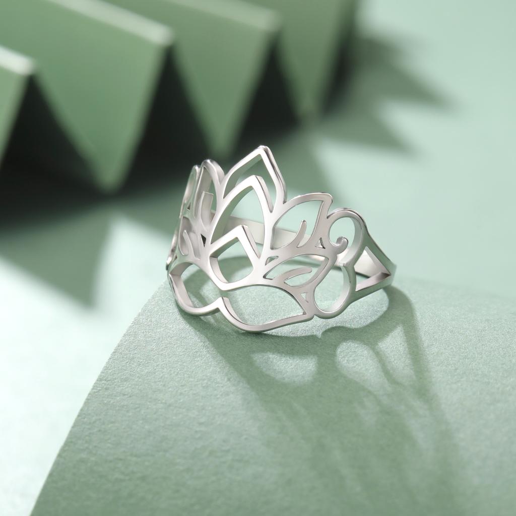 LIKGREAT Lotus Flower Ring Minimalist Lotus Rings Stainless Steel Jewelry Buddhism  Spiritual  Protection Amulet For Women Gift