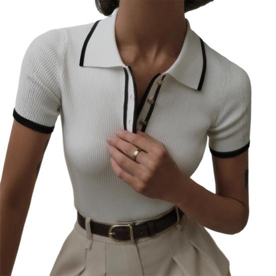 

Женские короткие топы в стиле пэчворк с короткими рукавами, лацканами и застегивающимся на пуговицы вырезом горловины, топы обычного кроя для вязания M белый