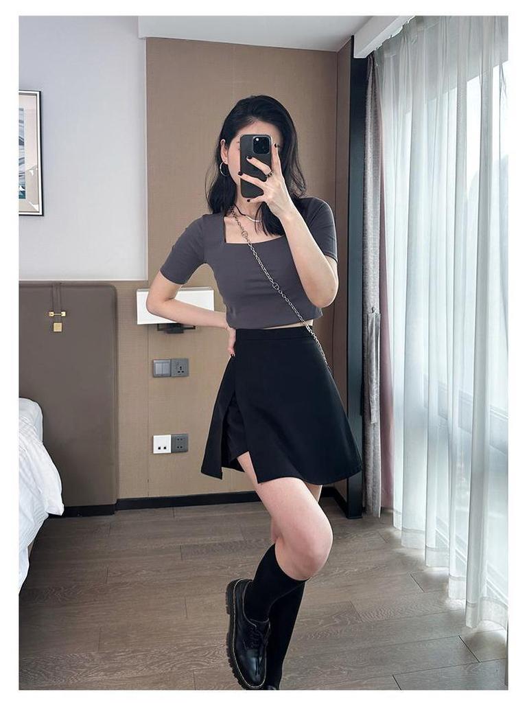 Kadınlar İçin 2024 Siyah Yüksek Bel A Kesim Etek Açık Bacak Yırtmaçlı