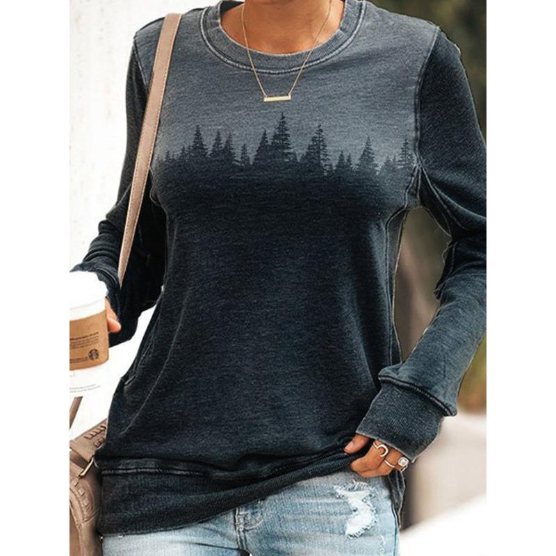 Round Neck 3D Gradient Color Printed Top Fashionable Casual Long Sleeved Women's T-shirts