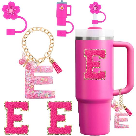 Cup Accessories Set for Stanley Cup 30oz 40oz tumbler with handle, Including Silicone Straw Topper Cover Cap, Handle Charm, Initials Sticker Fuchsia
