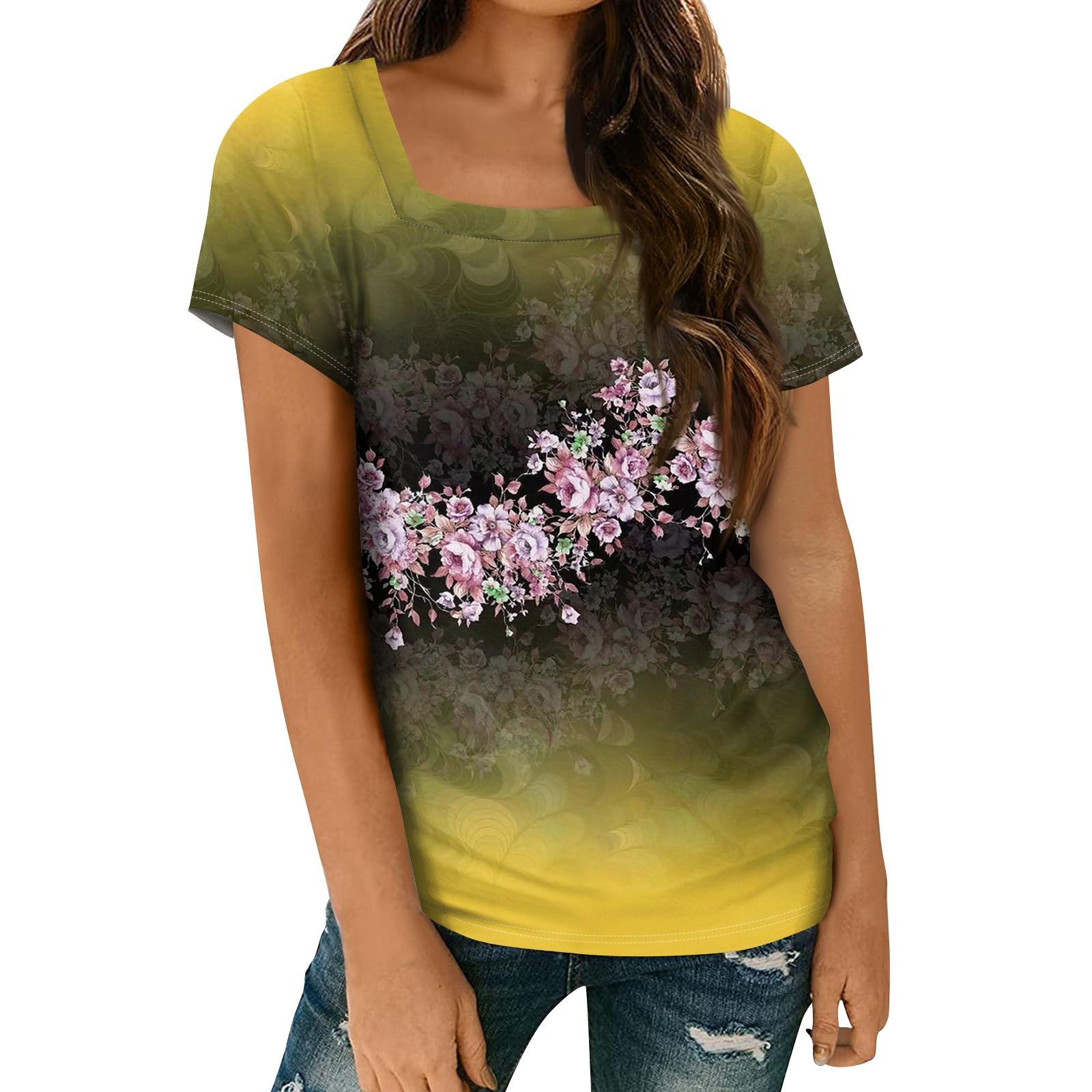 

Женские топы, весенне-летняя повседневная футболка с коротким рукавом и квадратным вырезом, базовая футболка с принтом XL жёлтый