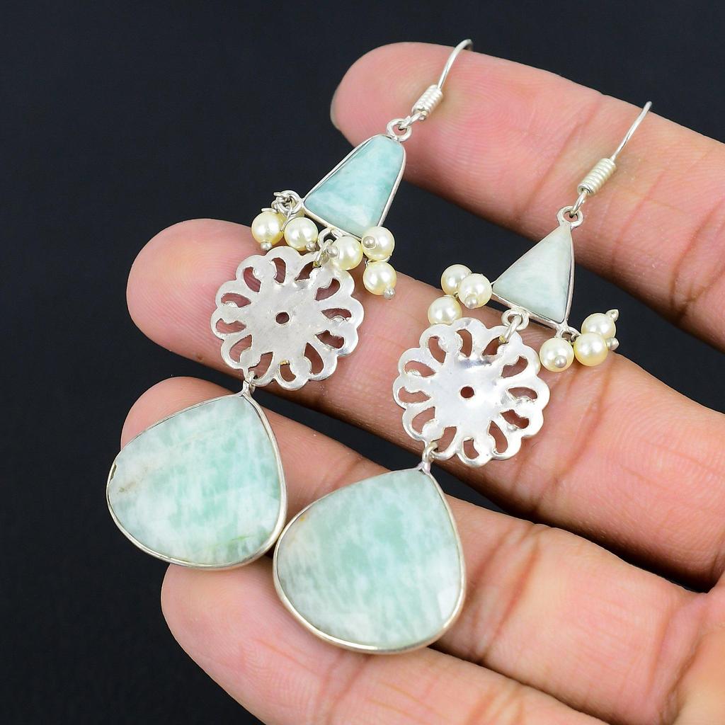 Daughters Day Sale Natural Amazonite 925 Sterling Silver Dangle Earrings Jewelry