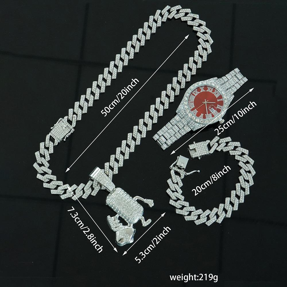 Hot Selling Cartoon Microphone, Money Bag Pendant, Diamond Cuban Chain Necklace, Bracelet, Men's Watch Set in Europe and America