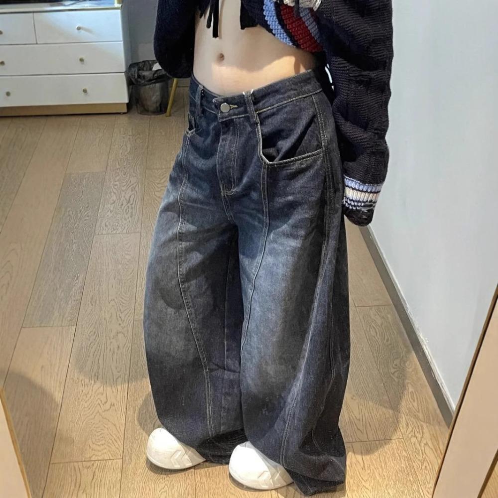 Women's High Waist Vintage Washed Baggy Cargo Jeans Loose Wide Leg Barrel Pants Elegant Commuter Embroidery Denim Trousers