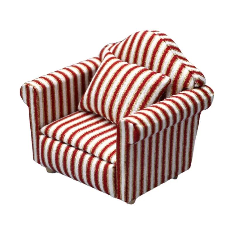 Rural Style Armchair Mini Sofa Dollhouse Miniature Sofa & Throw Pillow Set Wooden Simulation Furniture Girls Decoration Crafts