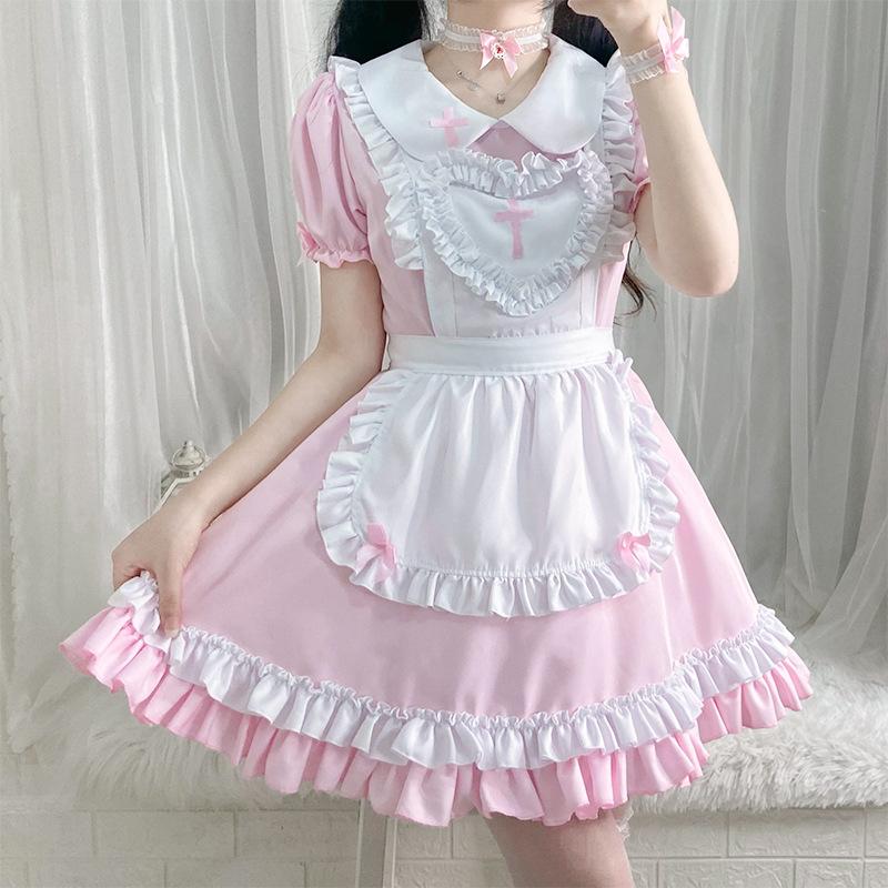 Japanese Classic Anime Maid Dress Cross Nurse Cosplay Maid Restaurant Uniform Pink White Dress Woman