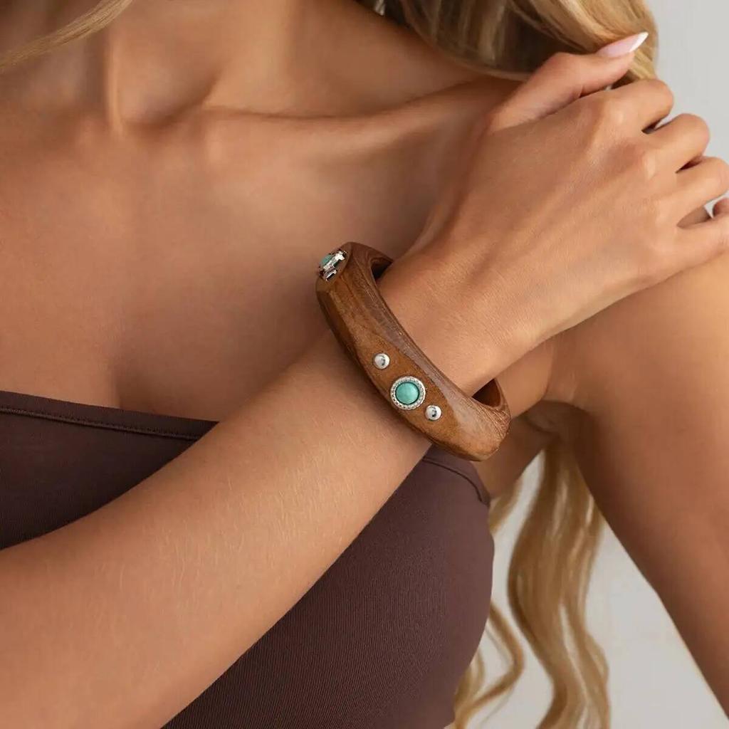 SHIXIN Vintage Exaggerated Irregular Inlaid Imitation Turquoise Geometric Wide Bangles Chunky Cuff Bracelets Jewelry for Women