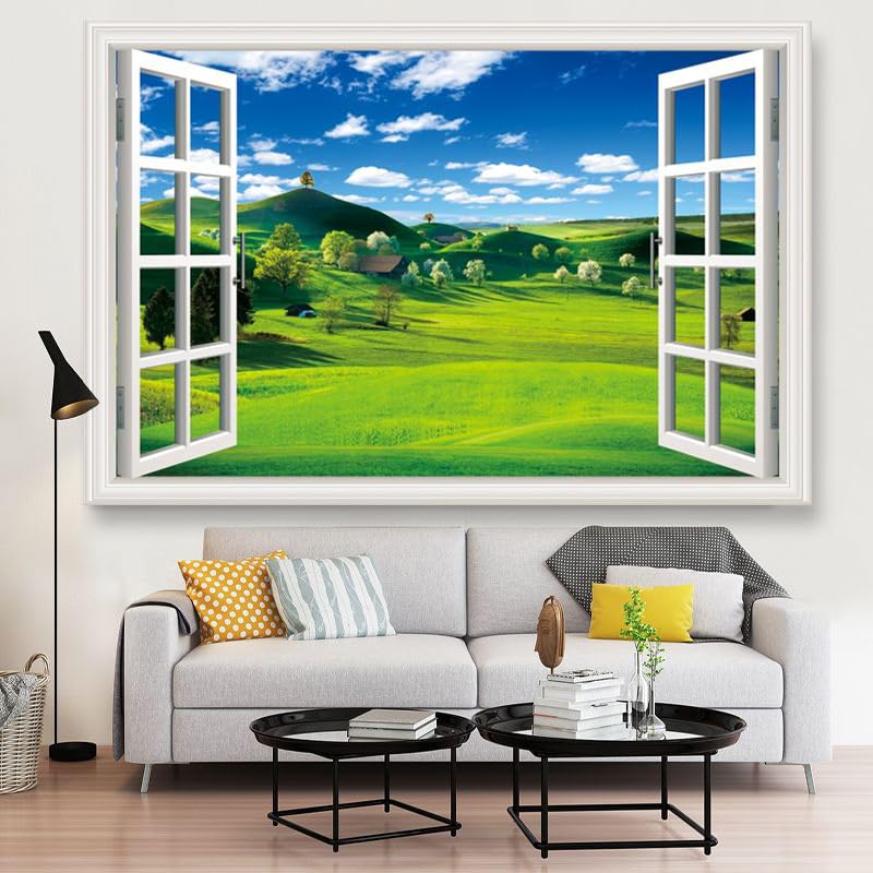 3D Window Frame Spring Landscape Wallpaper Stylish Nordic Blue White Natural Fake Window Window Waterproof Wall Decor for Living Protects Sticker,