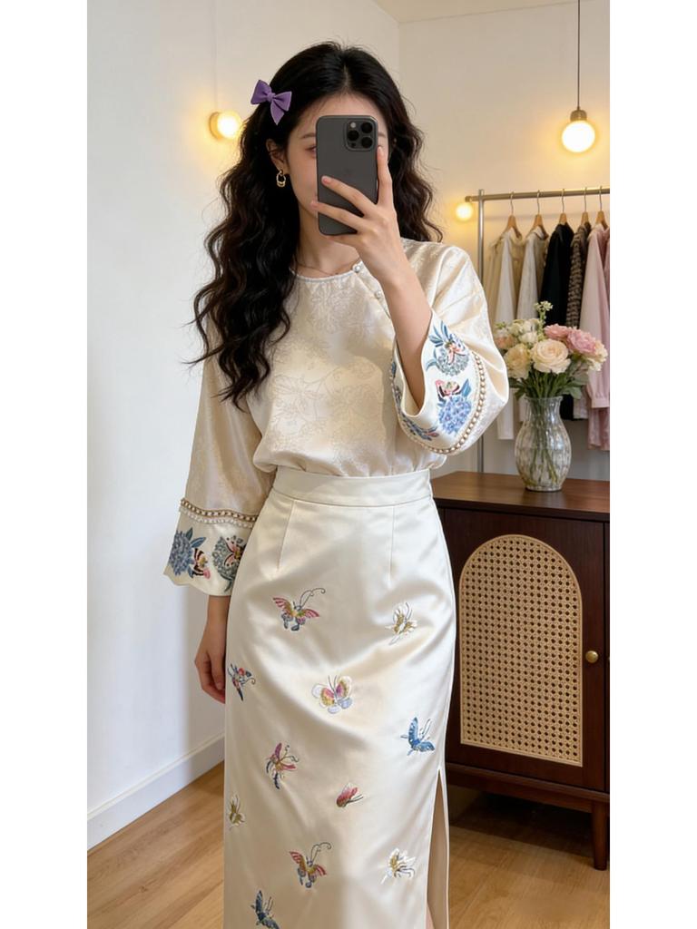 Elegant Embroidered Acetate Half Skirt - New Chinese Style Spring Collection