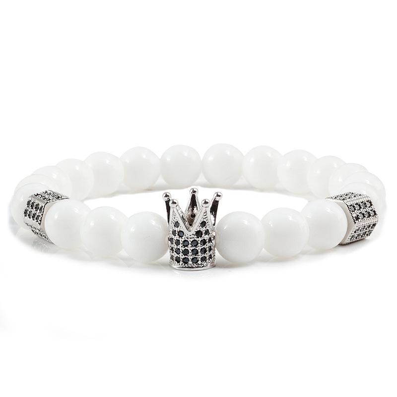 Men s Luxury Crown Bracelet with White Porcelain Beads and Elastic Rope