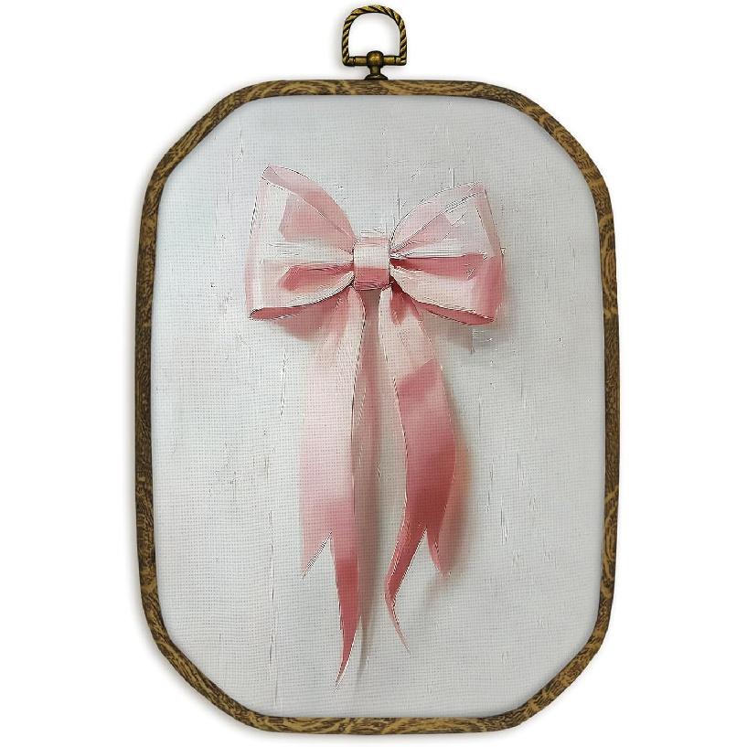 nvucamd Coquette Pink Bow Wall Art Decor Framed, Preppy Girly Octagon Canvas Prints Wall Art, Preppy Pink Bow Aesthetic Hanging Decor for Girls Room