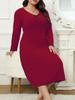 Women's V Neck Long Sleeve Midi Dress Loose Fit Mid Waist Solid Color Ribbed Knit Plus Size A Line Dress