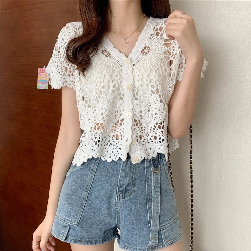 Häkel-Hollow-Cardigan für Damen, kurzärmelig, Spitze, dünn gestrickter Schal, Oberbekleidung, Sommermode, Damen-Figurformendes Oberteil