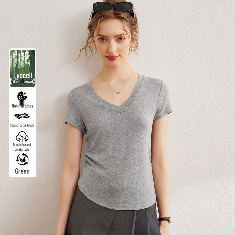 Bailuyu Women's Solid V-Neck Short Sleeve T-Shirt with Wool-Tencel Blend