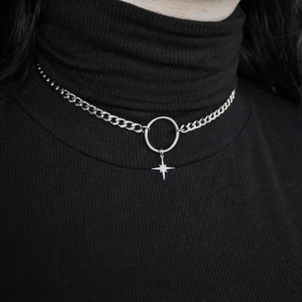 Gothic Punk Silver Color Star O Ring Choker Necklace Stainless Steel Cuban Chain Necklaces For Women