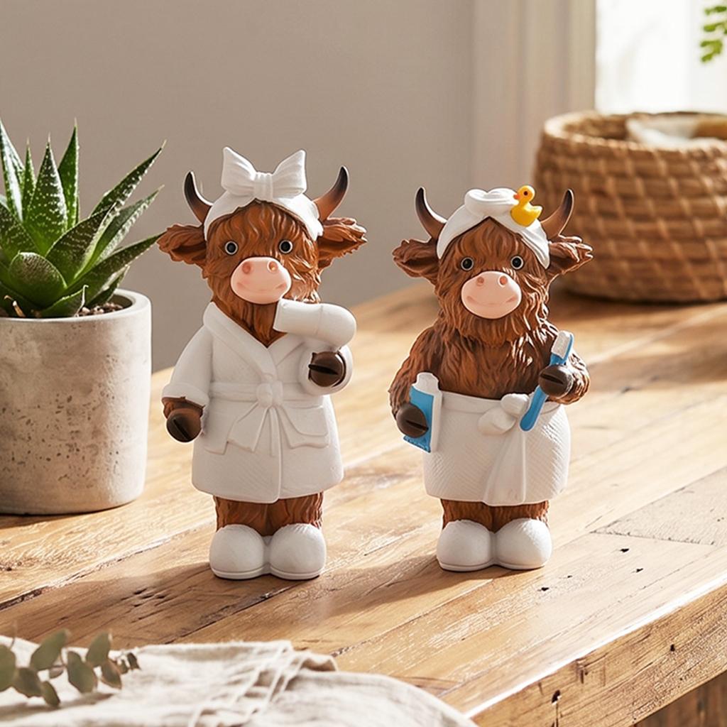 2Pcs Highland Cow Statue Home Ornament Resin Statue Ox Figurine for Home Bookshelf Office Table Decor Figurine As Birthday Gift
