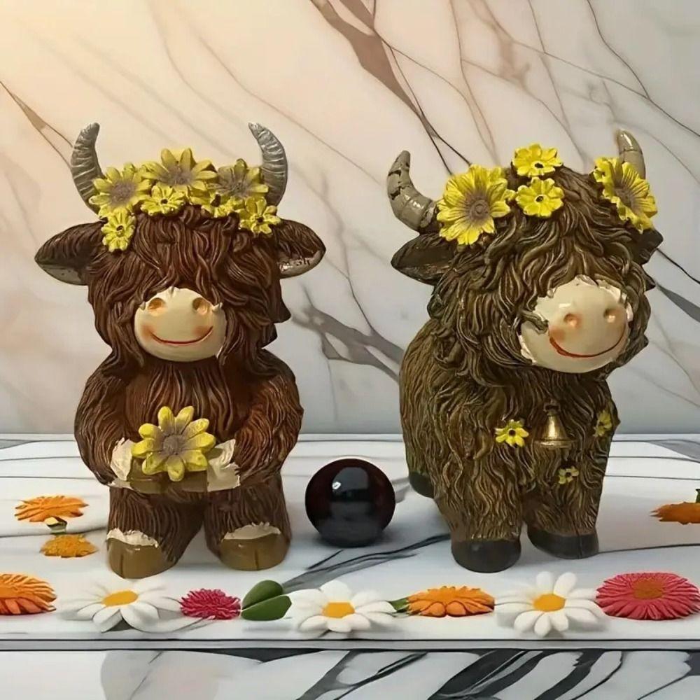 Resin Highland Cow Statue Cute Animal Sculpture Ornament Funny Cow Figurine  Desktop