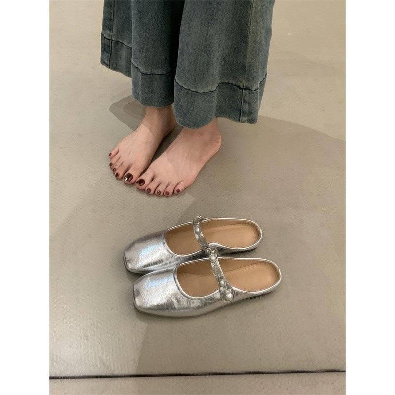 Baotou half slippers women's 2025 summer new outer sandals silver French one-word inner height increase heel light mouth single shoes