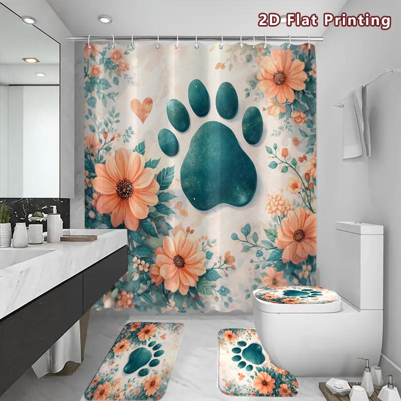 4Pcs Floral Paw Print Shower Curtain Set with Non-Slip Bath Mat, Toilet Lid Cover, Contour Rug & 12 Hooks, Bathroom Decor